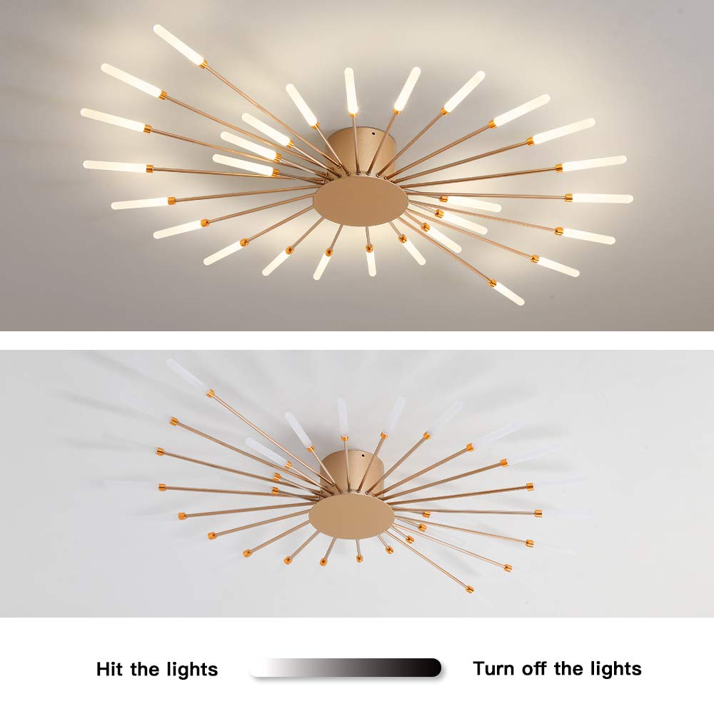 JAYMP 41.3" Ceiling Light Modern Flower Shape Ceiling Lamp for Dining Room Kitchen Hallway Flush Mount Metal Acrylic Sputnik Firework Petal LED Lighting Fixture (Matte Gold, 28 Lights)