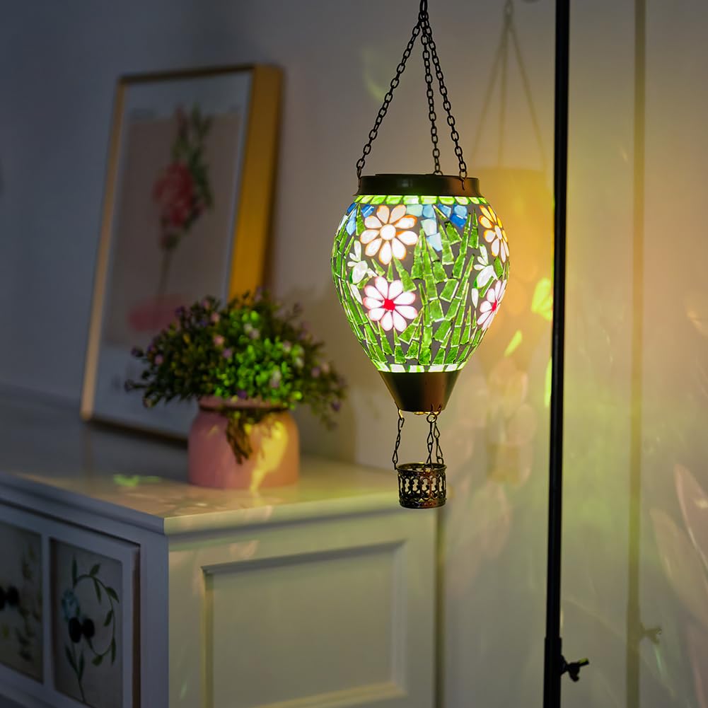Giole Mosica Hot Air Balloon Solar Lantern, Flower Pattern Glass Hanging Solars Lanterns Outdoor Waterproof Decorative Solar Light for Garden, Yard, Patio Decor
