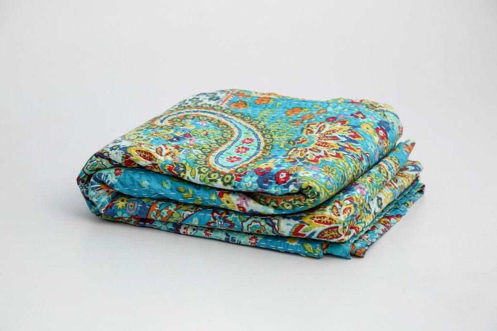 V Vedant Designs Indian Hanmade Twin Cotton Kantha Quilt Tarquiose Paisley Print Bed Cover Bedspread Blanket 90x60 Inch, Tarquiose
