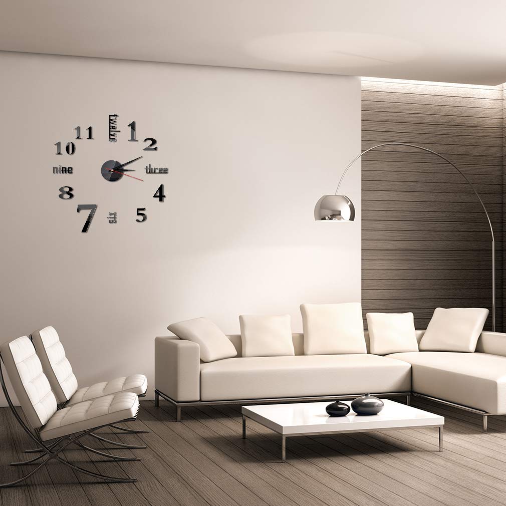 Hxezoc 10inch-20inch Frameless DIY Wall Clock Black 3D Mute Round Shape Quartz Wall Clock Sticker DIY Wall Decoration for Home Living Room Bedroom Office Classroom