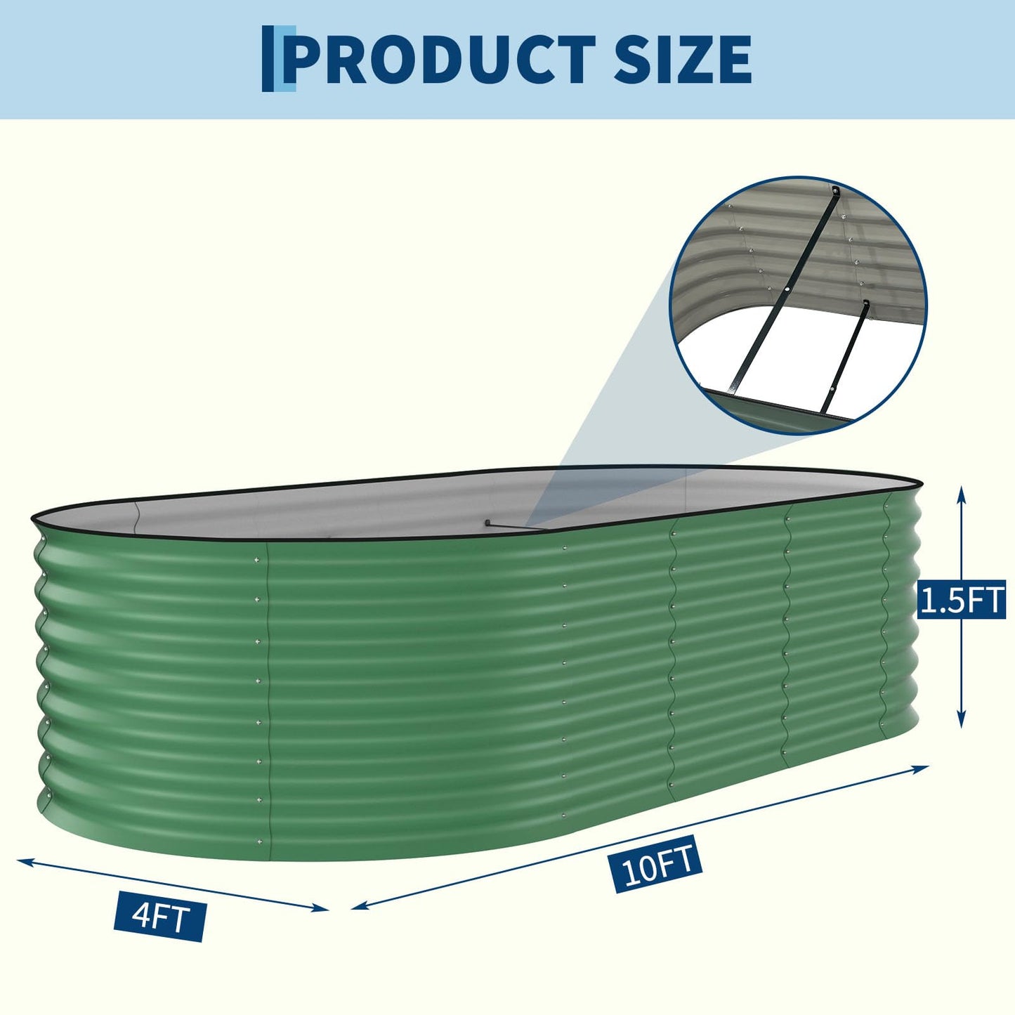 Garvee 2 Pack 10x4x1.5ft Galvanized Raised Garden Bed Kit, Oval Metal Planter Boxes with Anti-Cut Safety Edges, Rust-Resistant Deep Root Planters for Outdoor Vegetables, Flowers, Herbs, Green