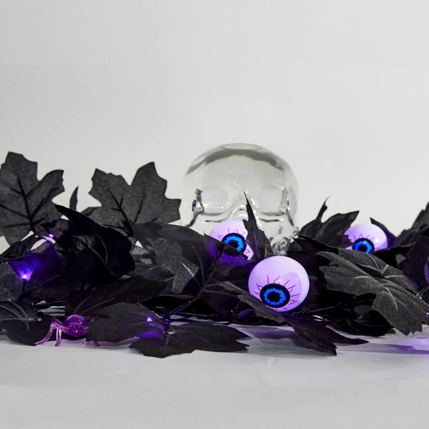 Black Maple Garland Halloween Decor Purple Lights Artificial Maple Wreaths for Wall Fireplace Outdoor Indoor Yard Haunted House Decoration