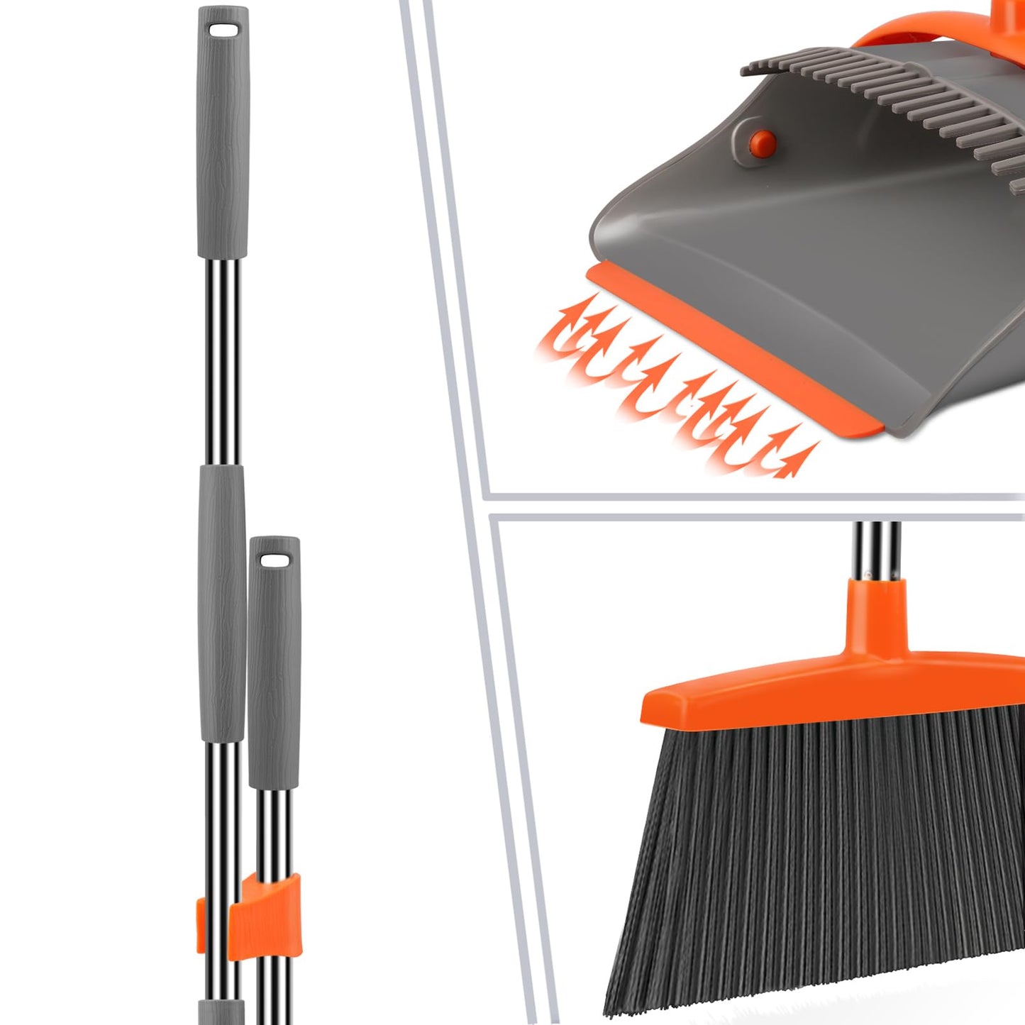 Ivandar Broom and Dustpan Set for Home, Broom and Dustpan Combo for Office, Long Handle Broom with Upright Standing Dust pan,Indoor&Outdoor Sweeping (Gray&Orange)