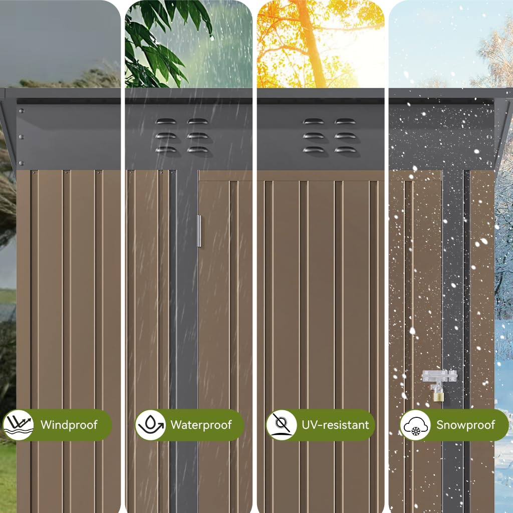 COMHOMA Shed Outdoor Storage Shed Metal,Lockable Doors Tool Sheds with Sloping Roof,Steel Garden Shed with Air Vent for Backyard,Patio,Lawn,Poolside(Brown,5'*3')