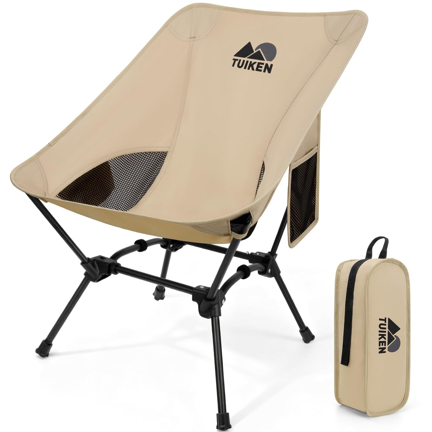 TUIKEN Ultralight Camping Chair Backpacking Chair, Portable Camp Chair with Cup Holder & Storage Bag, Lightweight Compact Folding Chair for Hiking, Travel, Picnic Mountaineering (Light Brown)