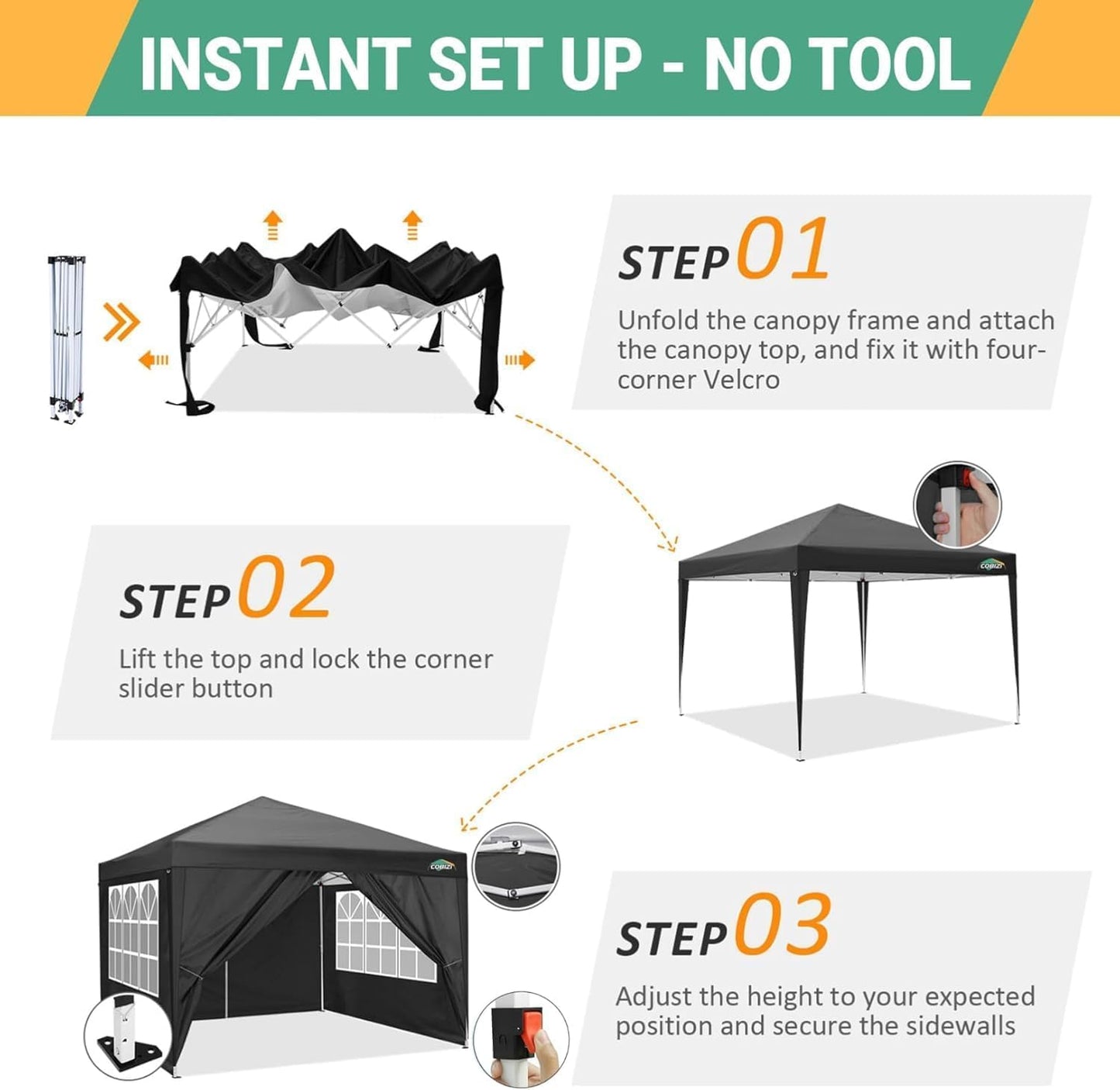 COBIZI 10x10 Pop Up Canopy Tent with 4 Sidewalls Party Tents Waterproof UPF 50+ Commercial Instant Outdoor Events Tent for Parties Markets Backyard, Ropes（10 x 10 ft Black