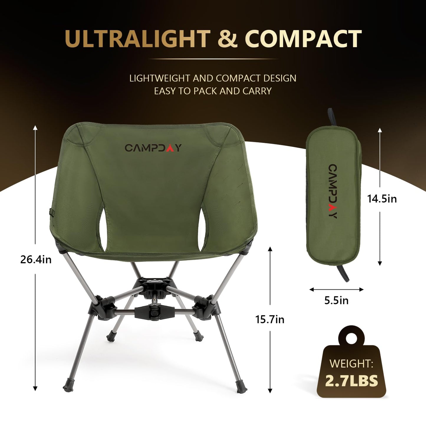 Campday Camping Chair Backpacking Portable Hiking Ultralight Small Lightweight Folding Chair for Outdoor Camp Beach Picnic Concert, Supports 330lbs (Green,1PCS)