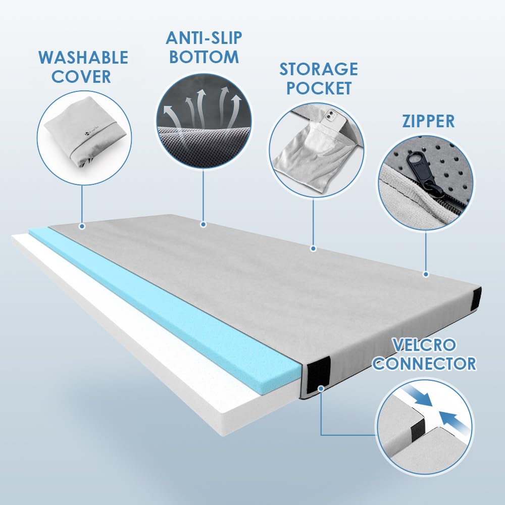 KingChii CertiPUR-US Memory Foam Camping Mattress, Portable Roll Up Travel & Car Mattress Sleeping Pad, Cot & Guest Bed for Sleepover with Waterproof Cover & Travel Bag
