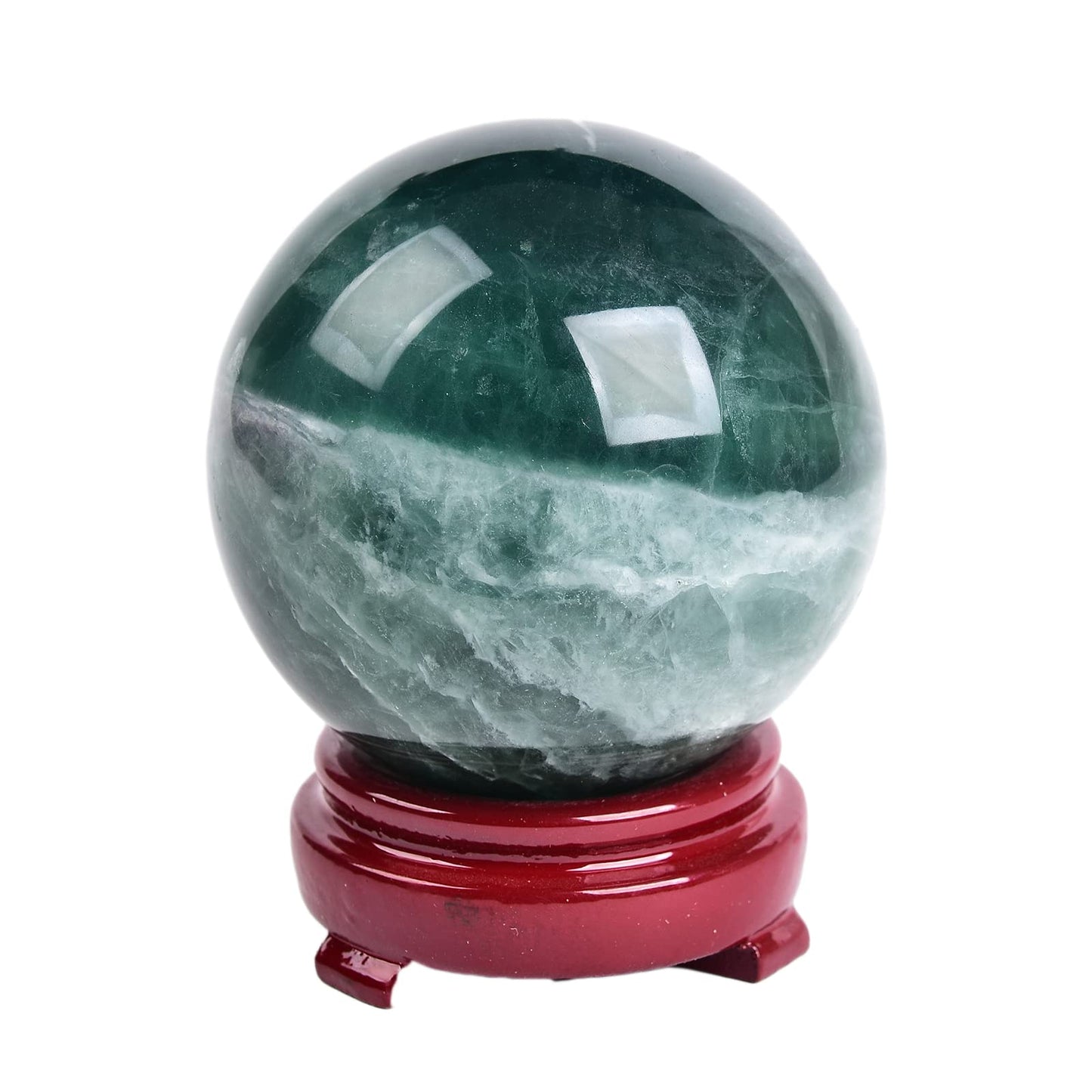 JIC Gem Natural Green Fluorite Quartz Crystal Ball Sphere Healing Crystal Sphere Decorative Ball with Wooden Stand Home Decoration Christmas Day Gifts (70-80mm)