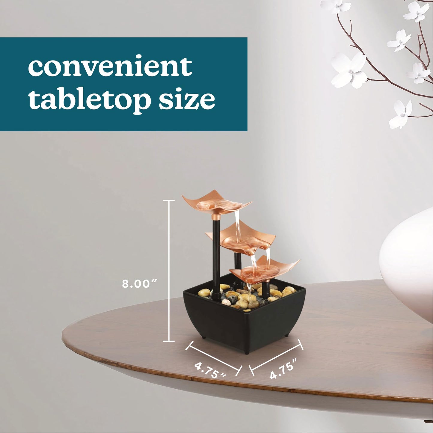 Homedics Tabletop Water Fountain, 3 Tier Indoor Waterfall Fountain with Natural River Rocks, Quiet Pump for Relaxation, Zen Home & Office Desk Décor, AA Battery Powered