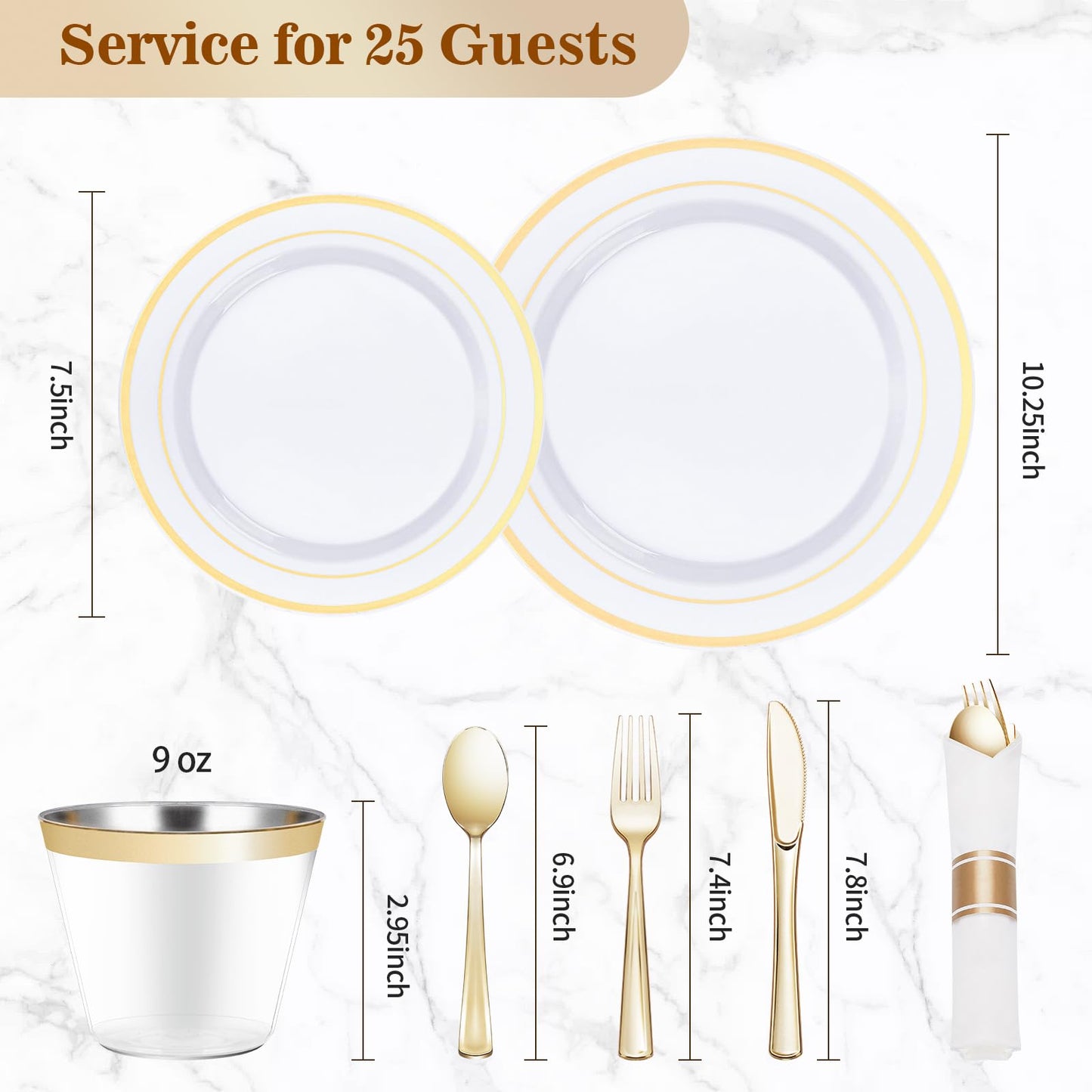BESTVIP 175PCS Gold Plastic Dinnerware Set, Disposable Party Plates for 25 Guests, Include: 50 Plastic Plates, 25 Pre Rolled Napkins with Gold Silverware, 25 Cups for Christmas, Halloween