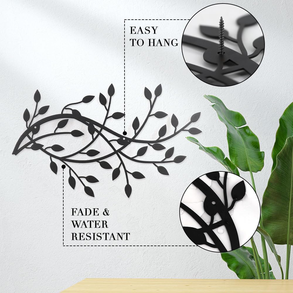 Meltset Metal Tree Leaf Wall Decor, Vine Olive Leaf Branch Wall Art,Black Wrought Iron Artwork above The Bed, Living Room, Indoor and Outdoor (S/Black)