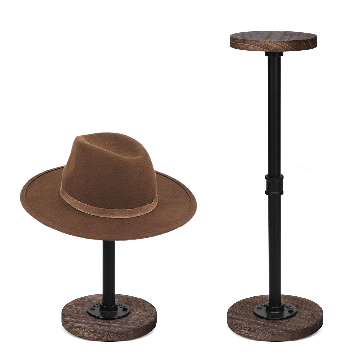 Vrietina 2 Pcs Tabletop Hat Stand Cap with Height Adjustment, Industrial Metal Pipe Rustic Burnt Wood Hat Rack, Wig Rack or Jewelry Display Riser
