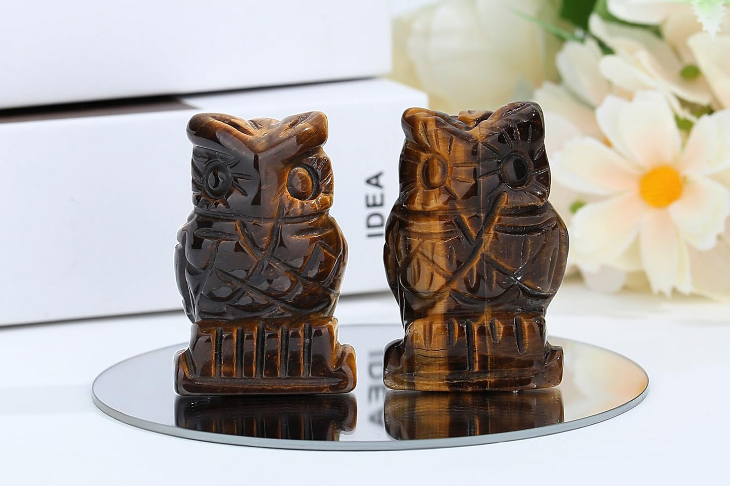 YATOJUZI 2” Owl Decors Natural Tiger's Eye Crystals Stones Cute Decor Polished Hand-Carved Sculpture Statue Figurines Gemstone Home Office Desk Decoration Reiki Energy Gifts