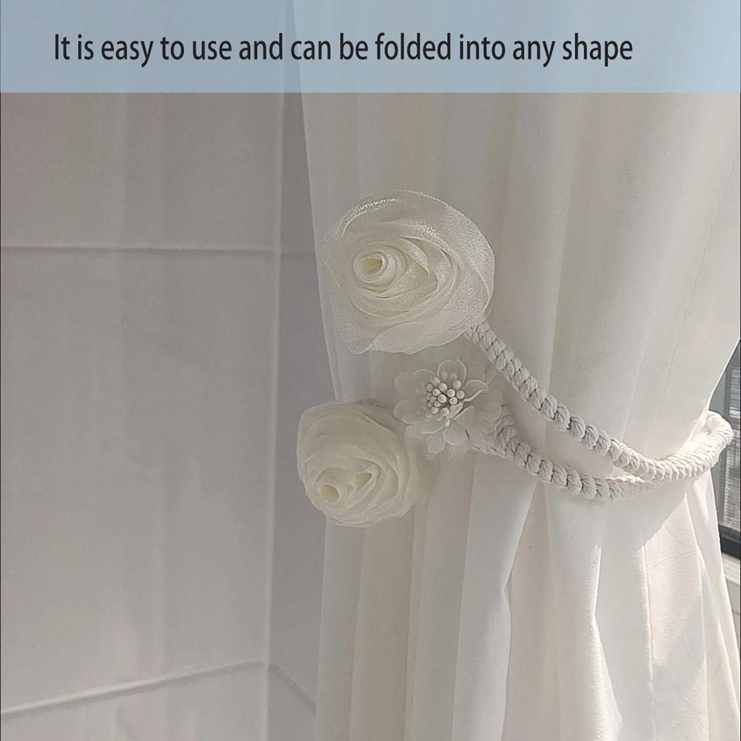 2 Pack of Curtain Tiebacks,Elegant Rose Flower Curtain Buckle,Handmade Flexible Curtain Tiebacks Decorative for Home/Office/Patio