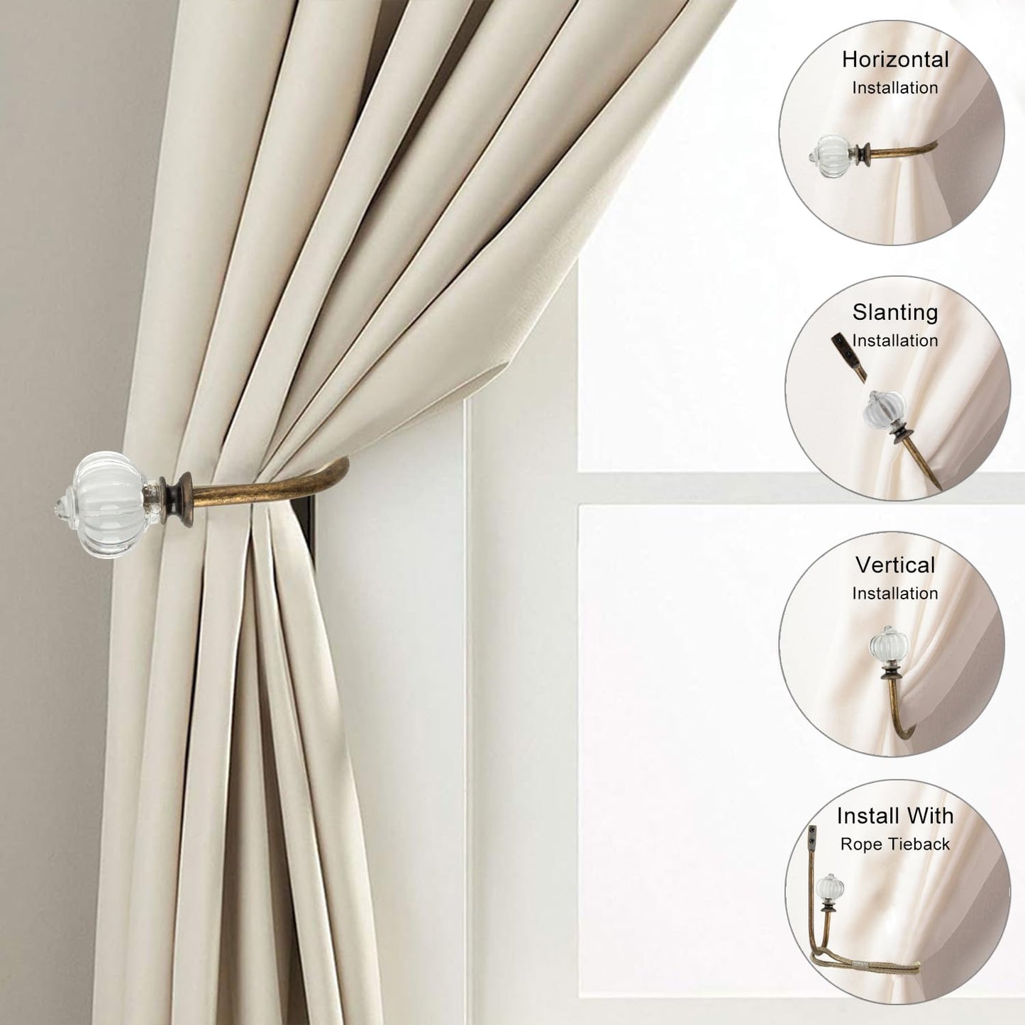 Vintage Curtain Holdbacks 2Pcs - Pumpkin Shaped, Metal Curtain Side Holders for Wall, Small Drapes Pull Backs Hook, Window Drapery Tie Backs Wall Mounted, Curtain Hardware Accessories
