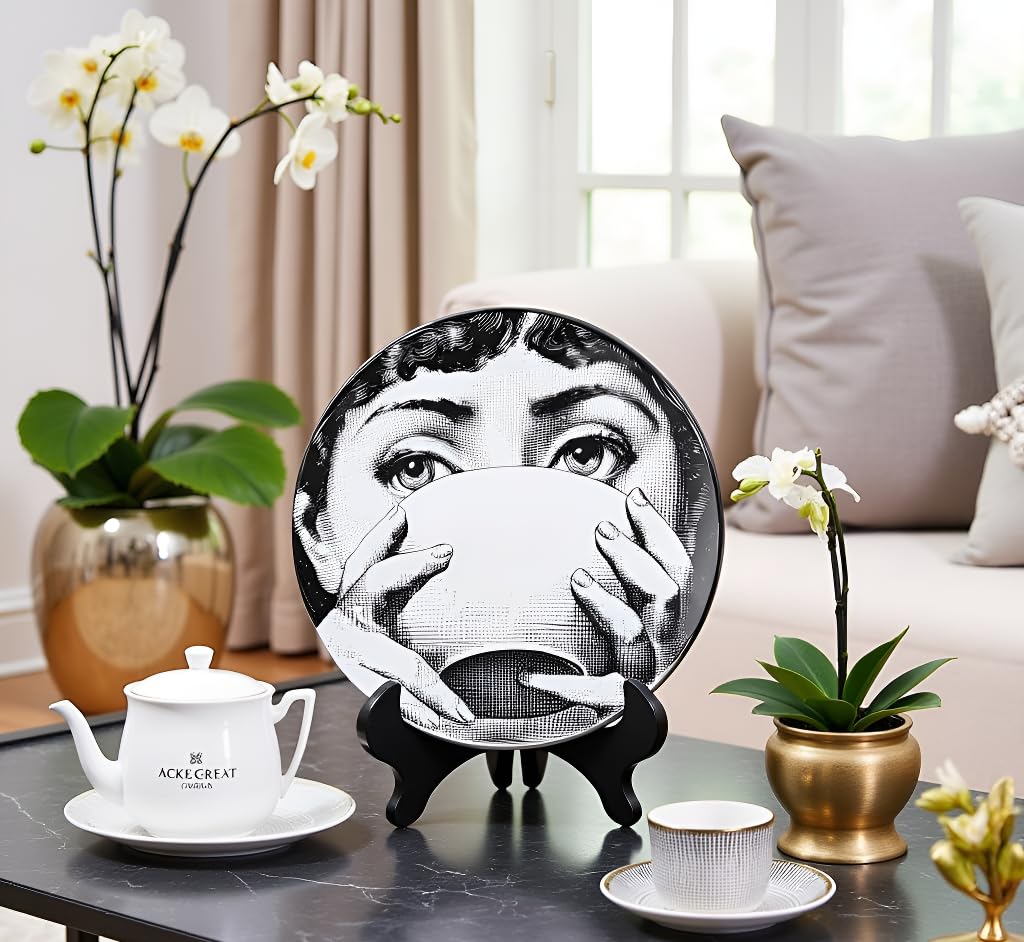 AlphaDesignLuxe 10" Italian-Style Decorative Plate – Modern Art Face Design, Handcrafted Ceramic Platter for Tabletop or Wall Display (Tea Cup)