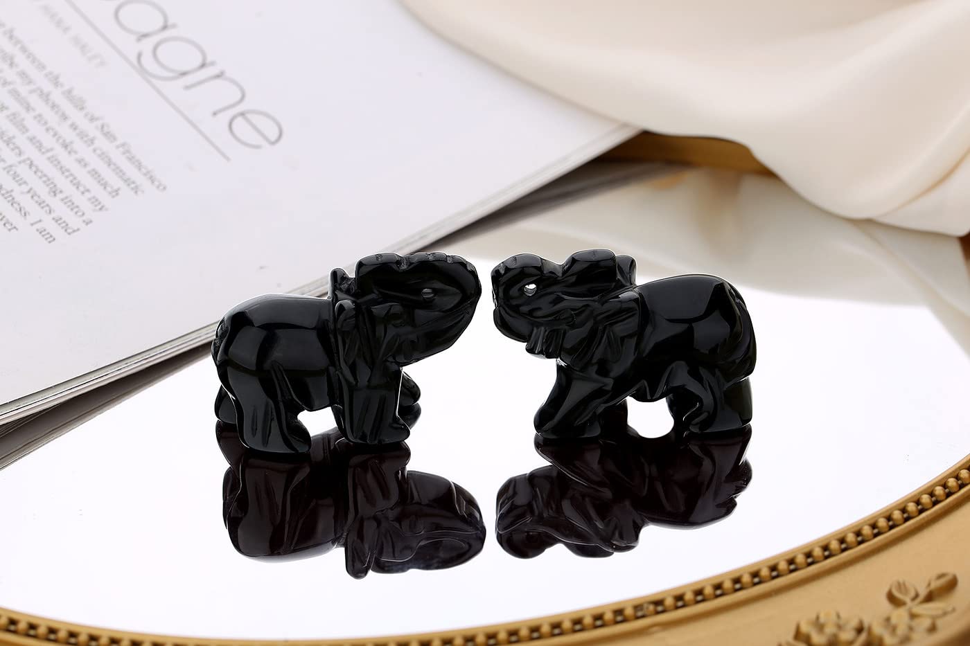 QINJIEJIE Black Obsidian Elephant Decor Crystals Pocket Natural Stone Statue Guardian Polished Figurine Hand-Carved Sculpture Spiritual Cute Office Room Cute Desk Decoration Gift for Women Men