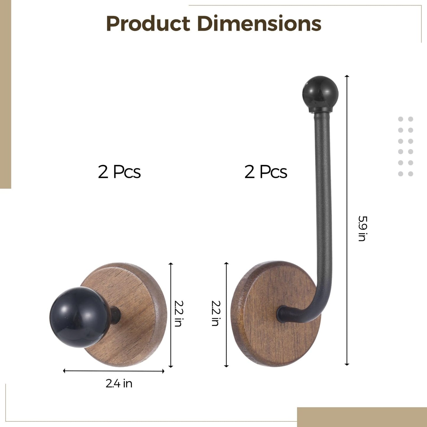 4 Pcs Walnut Wood Wall Hooks, Including 2 T-Shaped Hooks & 2 J-Shaped Holders, No-Drill Adhesive Curtain Holdbacks with Solid Wood Base for Coats, Hats, Keys & Hair Ties (Black)