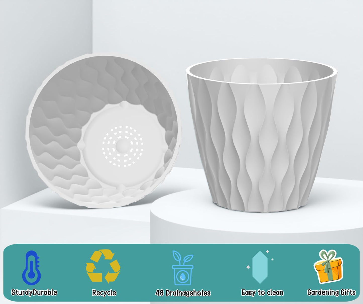 zople 10 Pack 5 Inch Plant Pots with Drainage and Saucers, White Plastic Flower Pots for Indoor and Outdoor Plants, Stackable Nursery Planters for Houseplants and Herbs, White