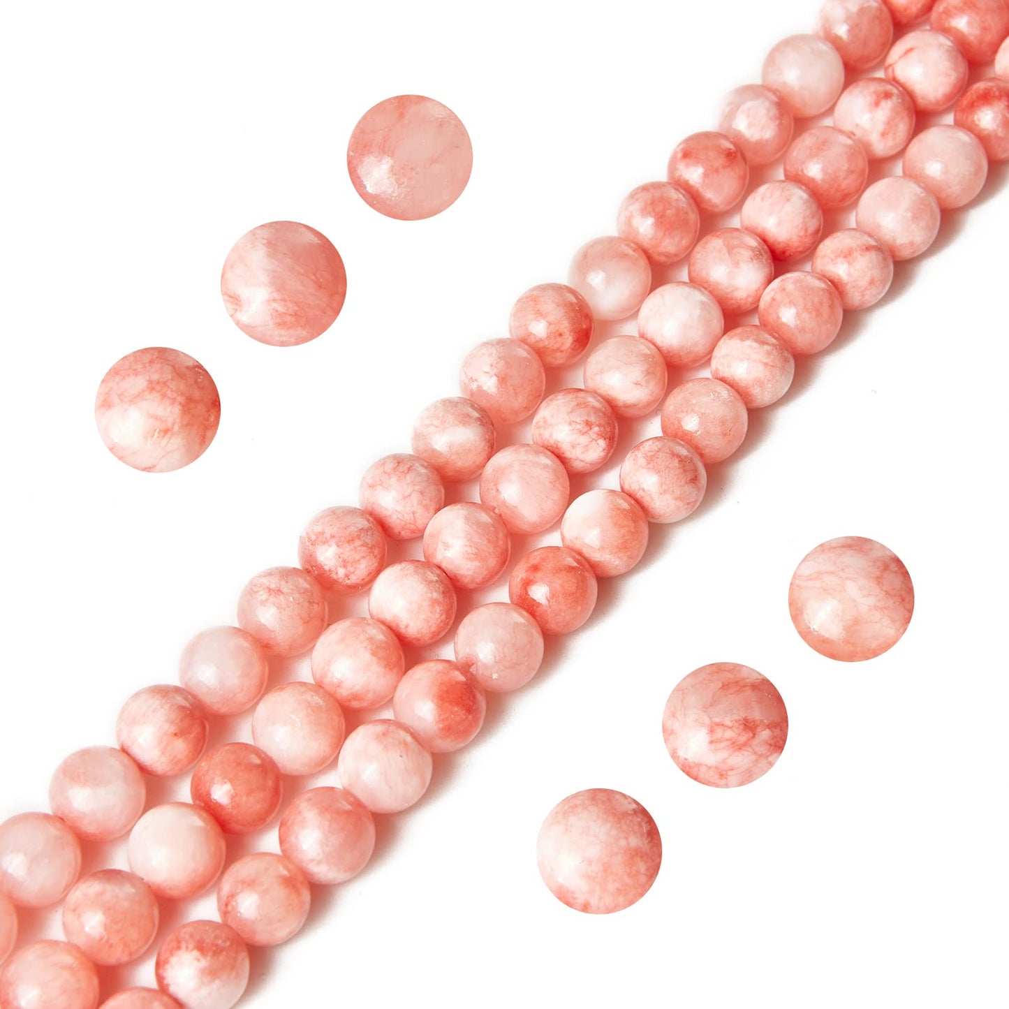 60pcs 6mm Pink White Jade Beads Natural Gemstone Beads Round Loose Beads for Jewelry Making