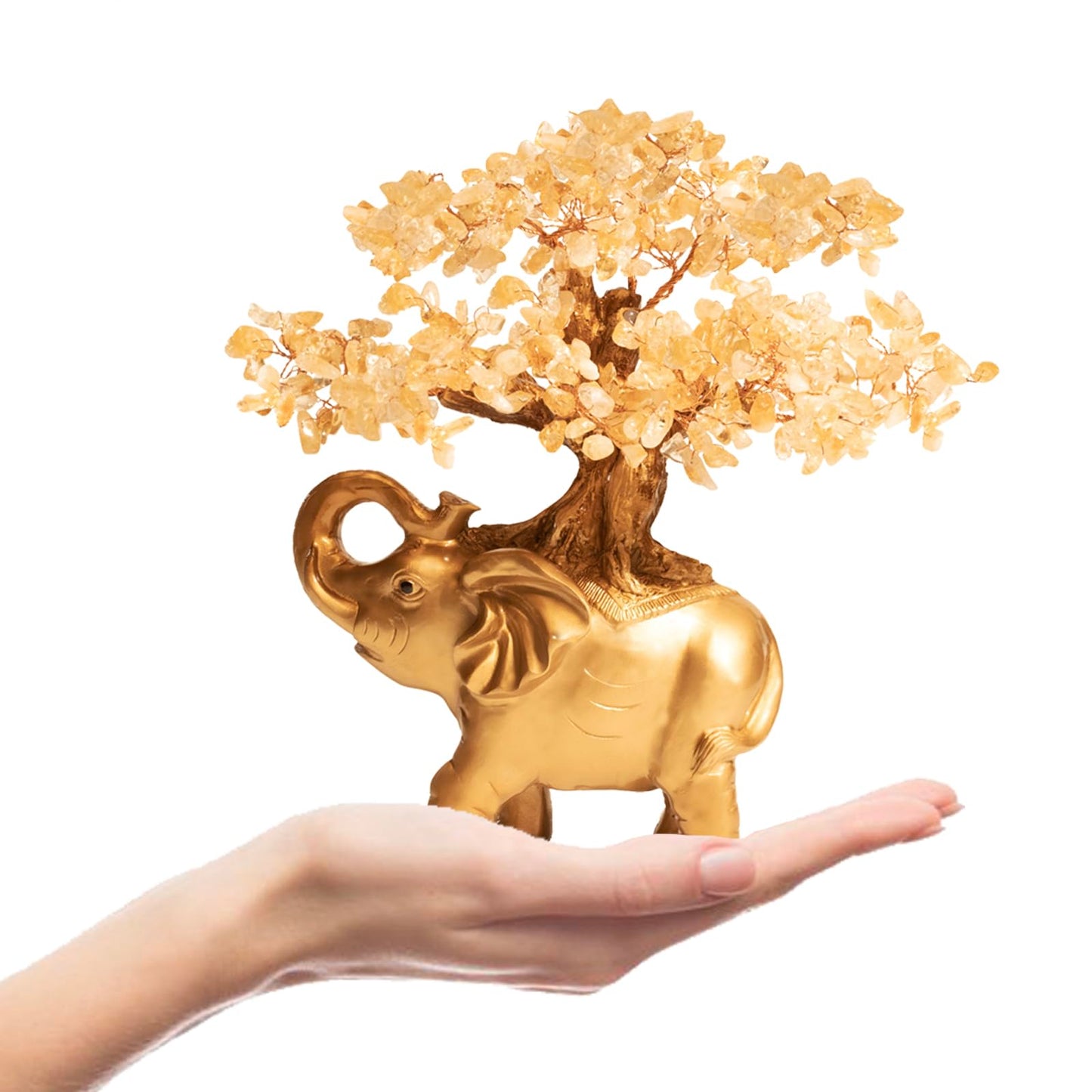 GEMBOURY Citrine Crystal Money Tree on Gold Mini Elephant Statue, 10”Gemstone Bonsai Tree of Life Home Décor Gifts for Wealth Positive Energy, Feng Shui Décor