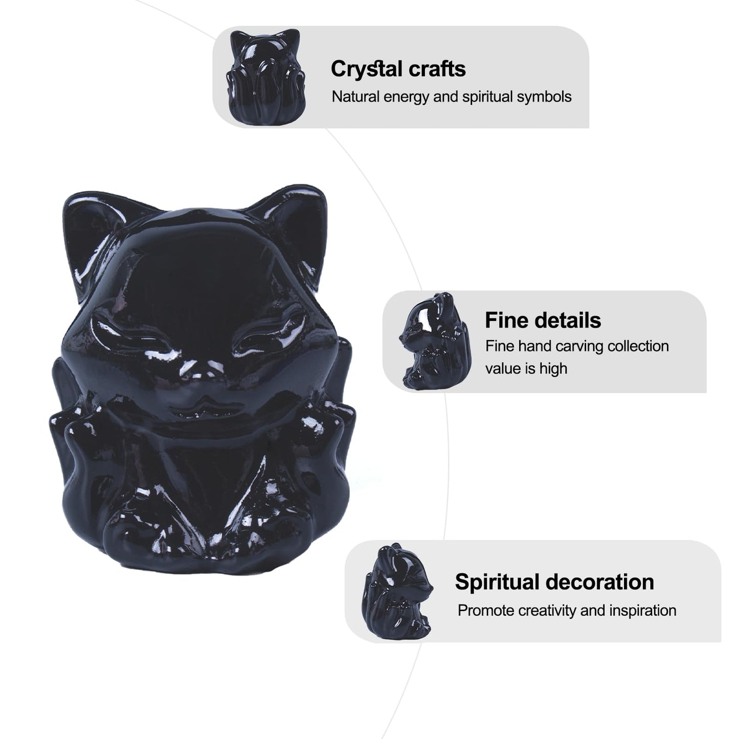 QLRSUXN Black Obsidian Nine Tailed Fox Decor,2 Inch Healing Crystals Fox Statue,Lucky Guardian Pocket Fox Figurines as Women’s Gifts,Fox Figurine for Office Home Decor and Ornament.