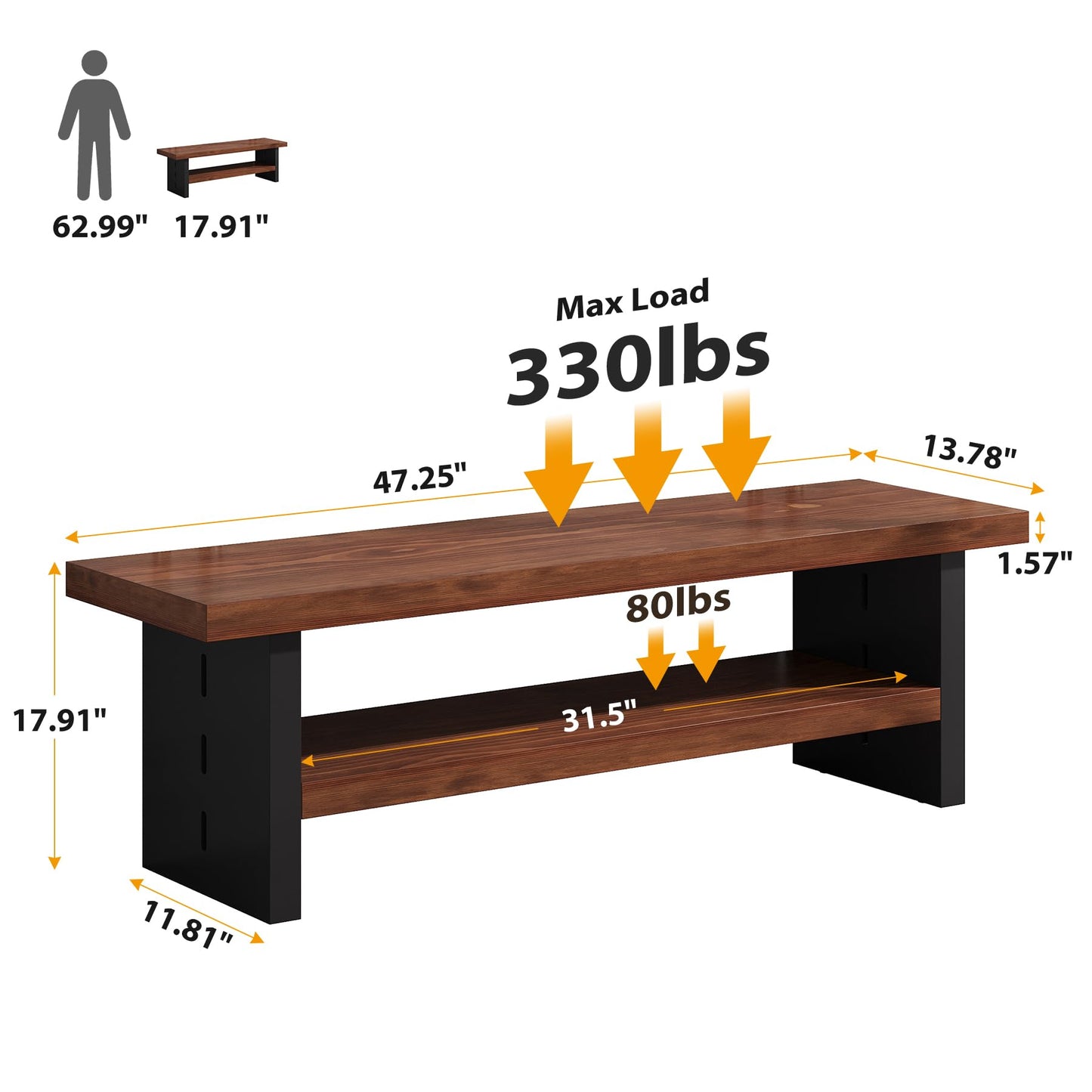 Condemo 47" Solid Wood Entryway Bench with Shoe Storage, 2-Tier Modern Farmhouse Hallway Bench with Open Shelf for Bedroom, Dining Room, Mudroom, Easy Assembly, Dark Walnut & Black