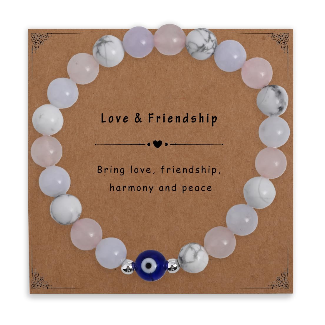 DLYFNVEV Love Friendship Harmony Peace Bracelet Rose Quartz Blue Aquamarine Howlite Eye Evil Protection Healing Crystal Beaded Anxiety Relief Triple Natural Stone Jewelry Gifts For Women