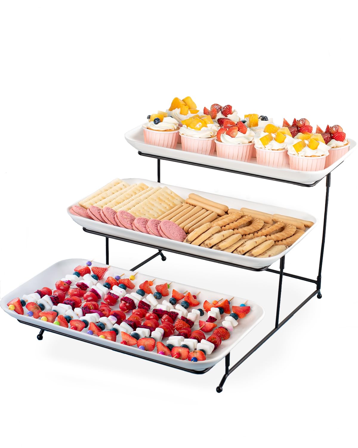 DELLING 3 Tier Serving Tray Set 16 Inch, Large Porcelain Tiered Platters with Collapsible Stand - Serving Dishes for Entertaining Dessert Table Party, Easy Assembly, White