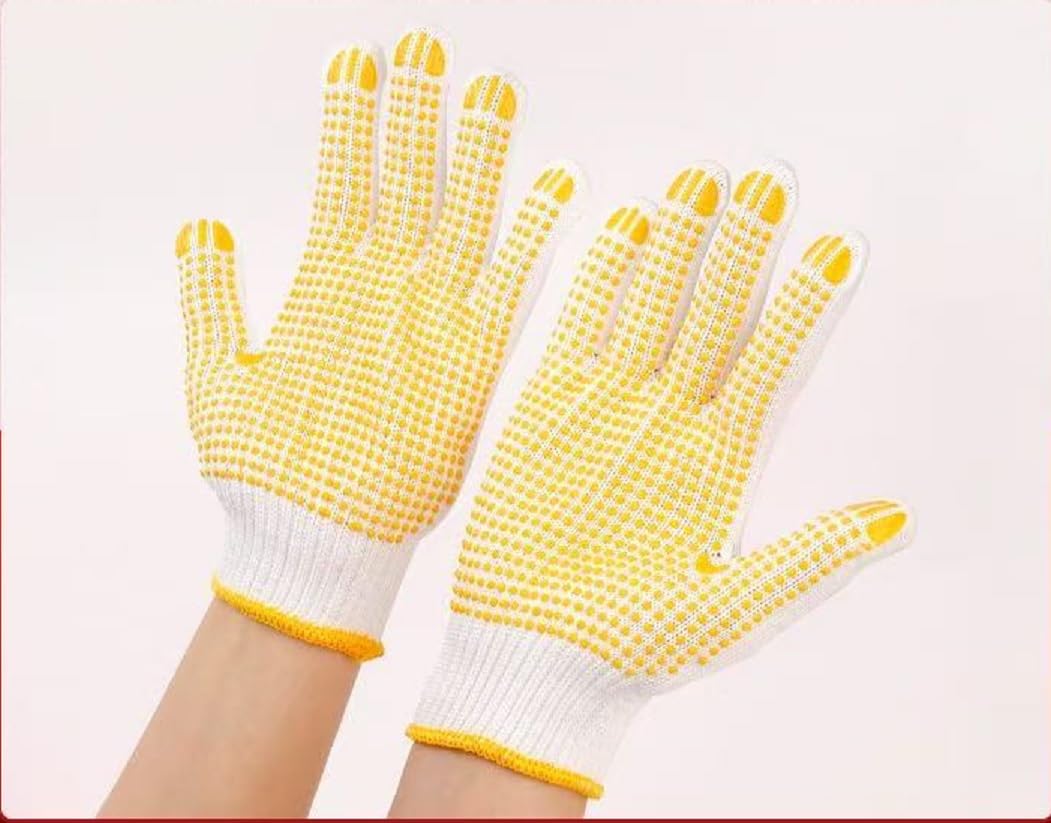 Safety Work Gloves with Anti-slip Dots 12 Pairs White Polyester Knitted Gloves for Garage Warehouse Painter Mechanic Industrial Gardening Construction (Yellow)