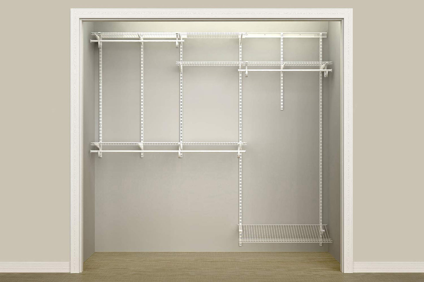 ClosetMaid ShelfTrack Wire Closet Organizer System, Adjustable from 5 to 8 Ft., with Shelves, Clothes Rods, Shoe Shelf, Hardware, Durable Steel, White