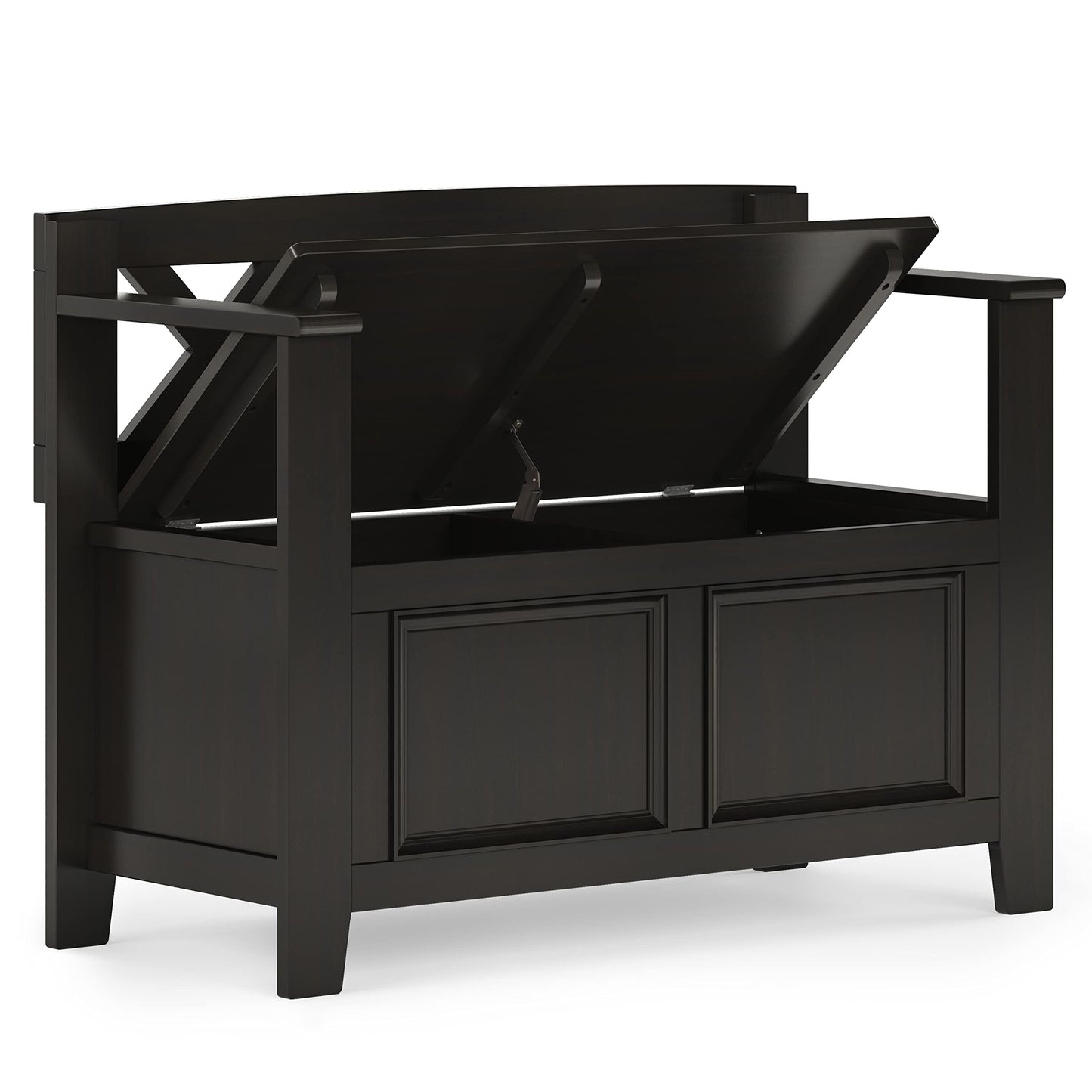 SIMPLIHOME Amherst Entryway Storage Bench - 36 inch Wide Solid Wood Hallway Bench in Hickory Brown, Transitional Bench for Entry or Mudroom with Lift-Up Lid, Storage Compartments and X-Back Detail