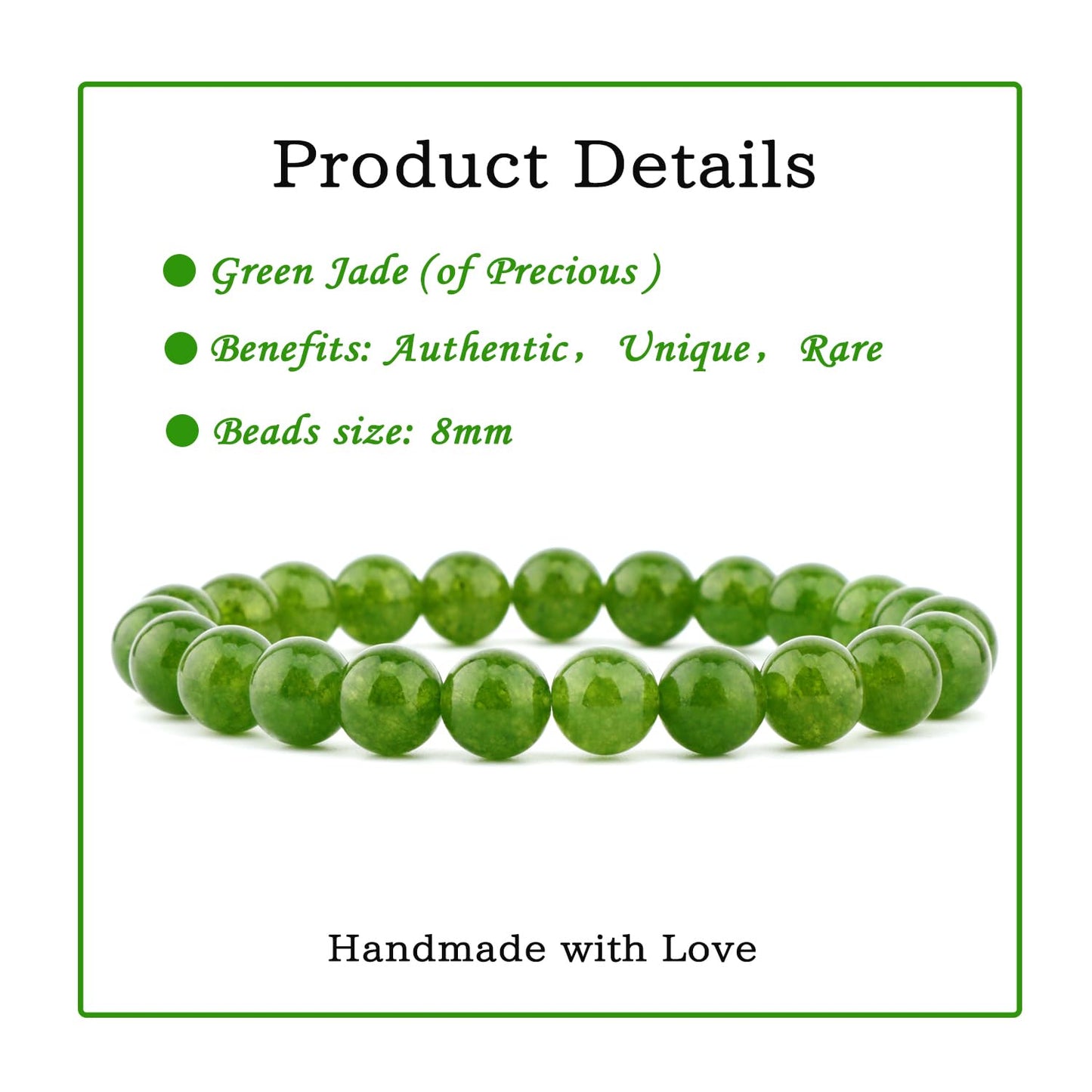 Bymitel 8mm Green Jade - Handmade Reiki Gemstone Stretch Bracelet, Natural Beauty & Spiritual Essence, Crystal Healing for Unisex Adults