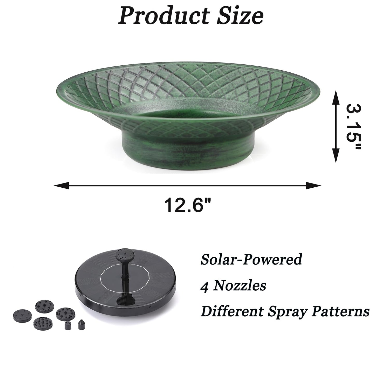 12.6" Bird Bath for Outside, Solar Bird Bath Fountains, Bird Bath Bowl Outdoor, Solar Powered Bird Baths for Garden Patio Decor (Green)