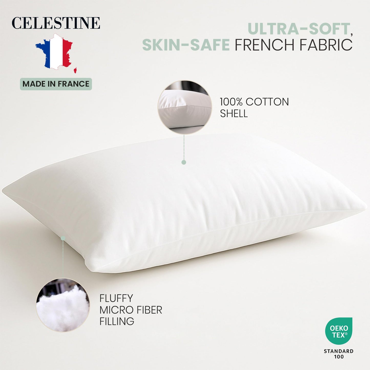 Celestine Queen Size Pillows Set of 4 – Soft Down Alternative Microfiber Filling, Plush White 20x28 Bed Pillows for Side and Back Sleepers, Breathable, Supportive, Machine Washable Pillow Set