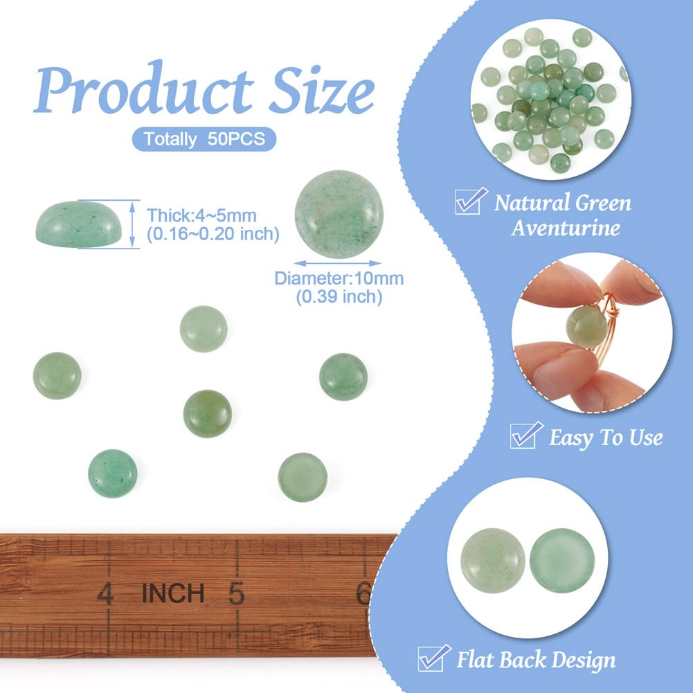 Fashewelry 50Pcs Natural Green Aventurine Cabochon Stone Half Round Beads 10mm Tiny Flat Back Gemstone Chakra Healing Crystal Cover Cabs for Jewelry Making