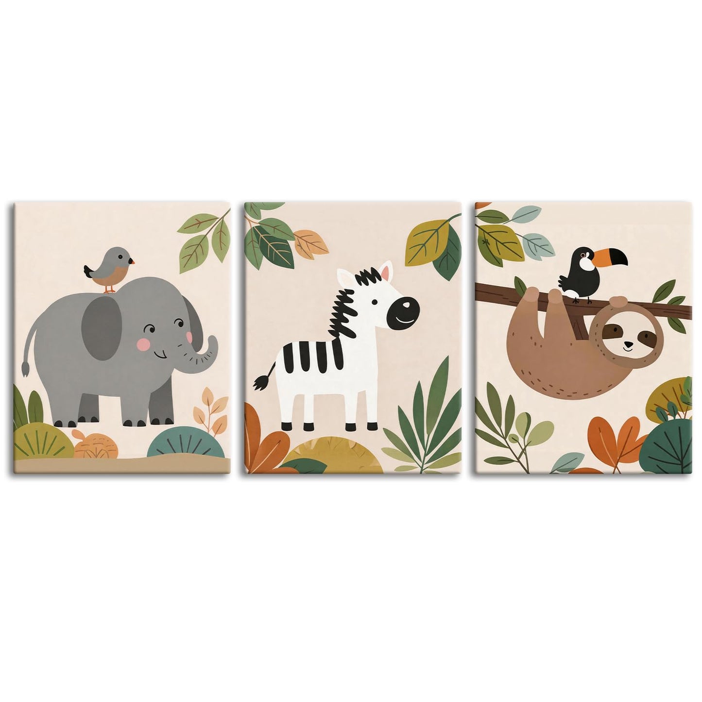 TYPTEK Nursery Wall Art Decor Set of 3,Boho Jungle Animals Whimsical & Educational Canvas Prints for Kids Room Playroom Baby Bedroom, Framed Ready to Hang,16x12 Inch