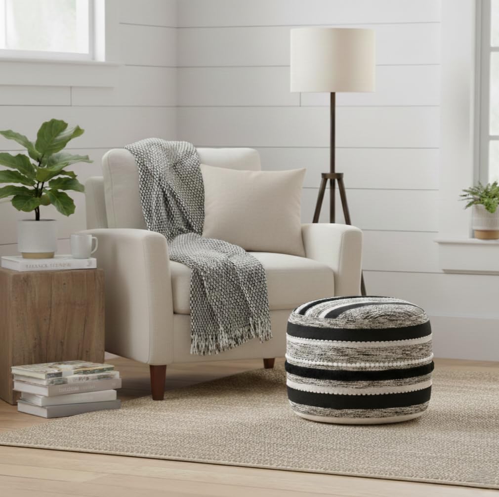 LR Home White Ottoman Pouf, 18"X18", Black/Natural -
