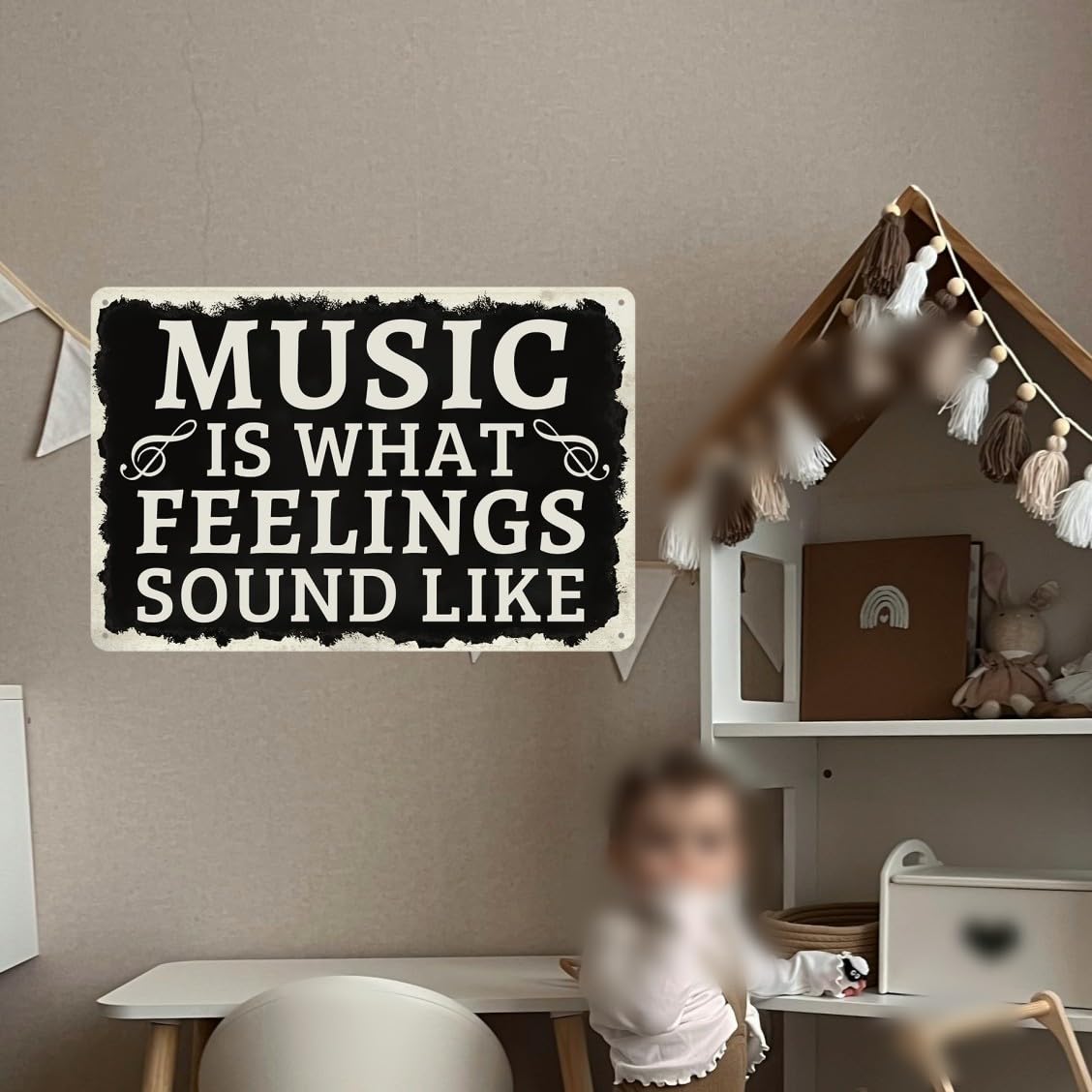 Cenacle Music Is What Feelings Sound Like Tin Sign 8x12 Inches Art Deco Rectangular Wall Mount Black Music Studio Decor