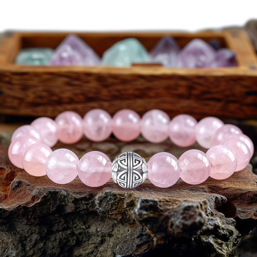 MetJakt Healing Crystals Beaded Bracelets for Womens Natural Gemstone 8mm Beads Stretch Bracelets with 925 Sterling Silver Double Happiness Pendant (Rose Quartz)