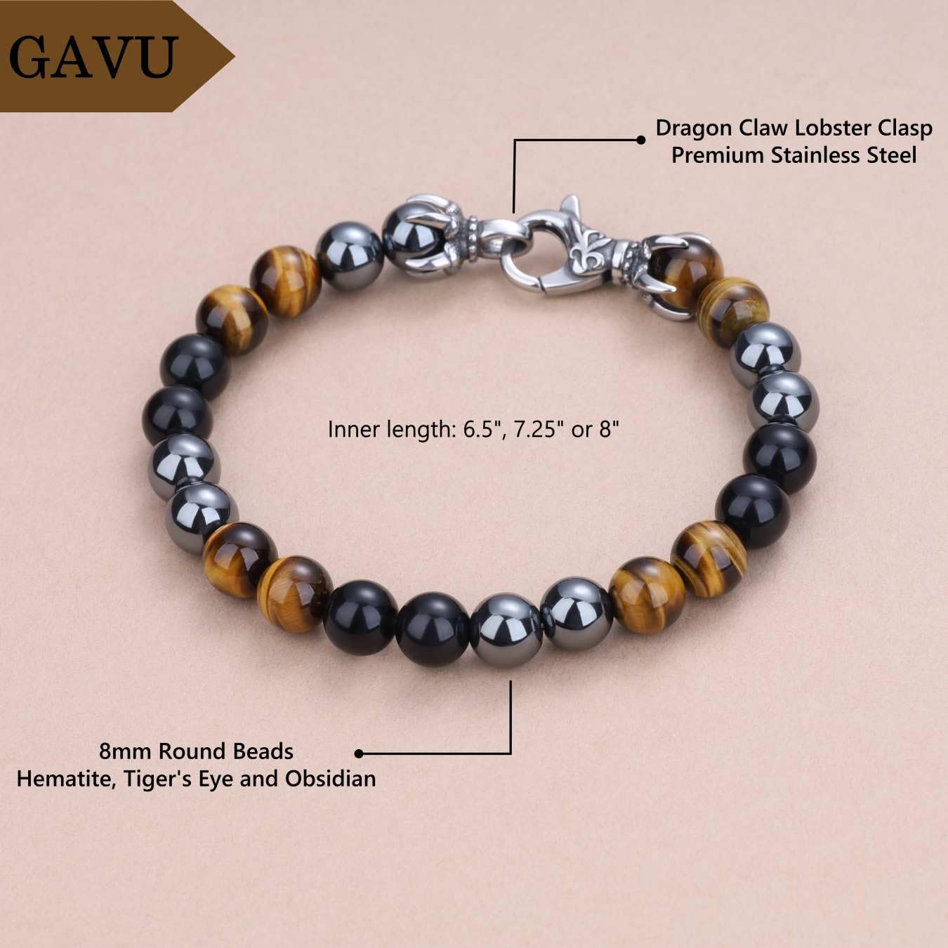 GAVU Triple Protection Bracelet, 8mm Hematite Tiger Eye Obsidian Crystal Bracelet for Men 8.9"