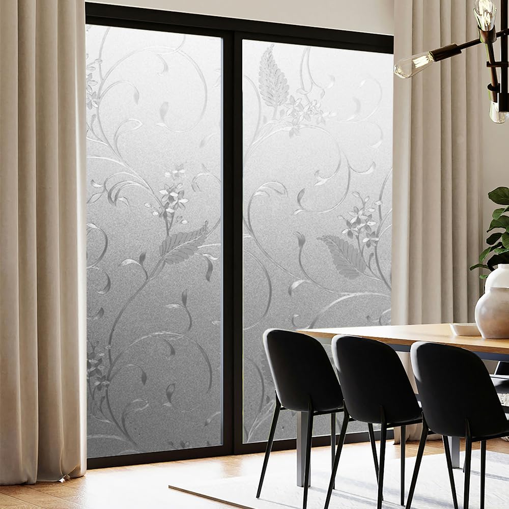 Static Cling Non-Adhesive Frosted Glass Window Film for Decorative Decals and Privacy Covering on Shower Doors and Bathroom Doors (Vine, 17.7'' x78.7'')