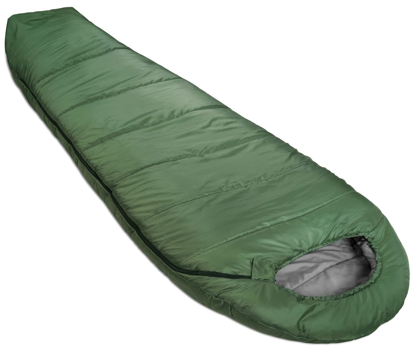 Amazon Basics 20°F Cold Weather Mummy Sleeping Bag for Hiking, Outdoor Camping with No-Snag Zipper, Portable, 82" x 33", Olive Green