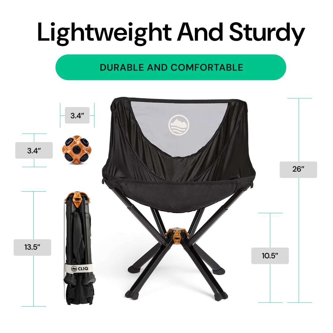 CLIQ Portable Chair Version 1.0 with Free Bag - Lightweight Folding Chair for Camping - Supports 300 Lbs - Perfect for Outdoor Adventures - Black Bundle