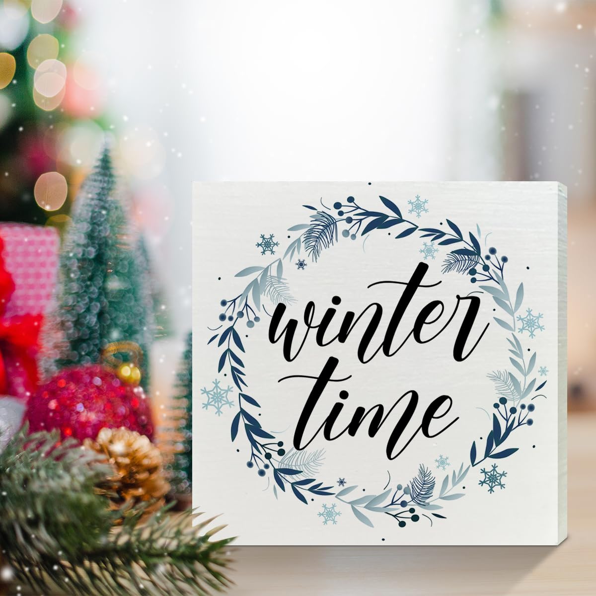 Wooden Box Sign, Snowflake Table Decor, Xmas Decoration for Kitchen, Living Room, Home - Winter Time