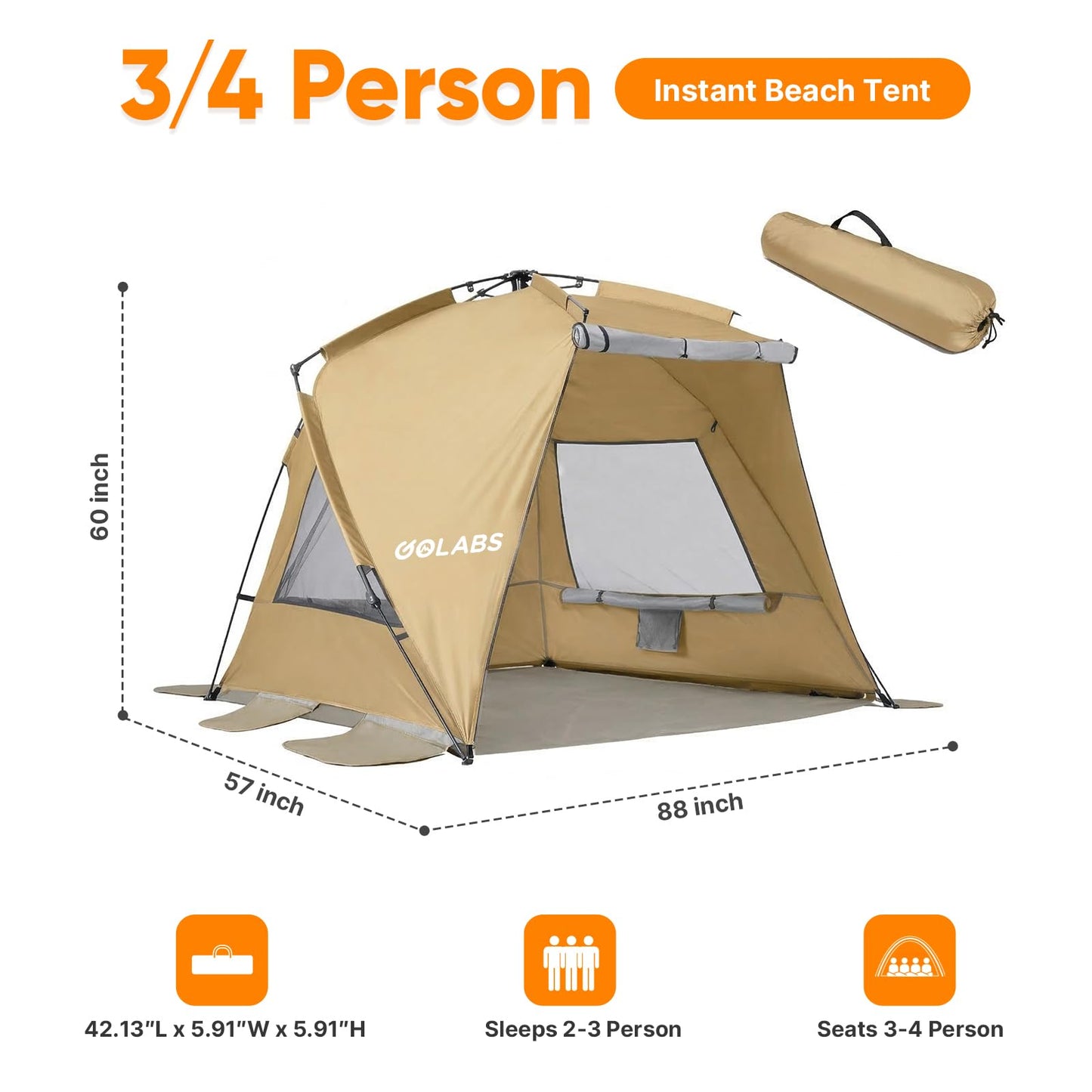 Golabs BT1 Pop up Beach Tent Sun Shelter for 3-Person, 1-Minute Setup by Pre-Attached Pole & UPF 50+, Beach Shade with Detachable Floor Mat, Mesh for Clear View & Airflow, only 7 lbs & Pocket and Hook
