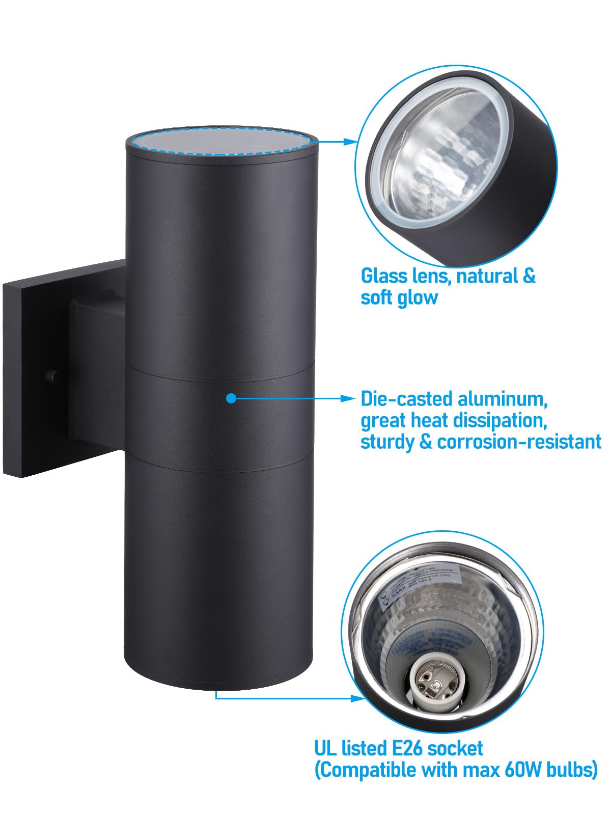 LEONLITE Modern Outdoor Cylinder Wall Lights 12", Up and Down Porch Patio Lights, Matte Black Waterproof Wall Sconce, Aluminum, E26 Base, Exterior Light Fixture Wall Mount, ETL, Pack of 2