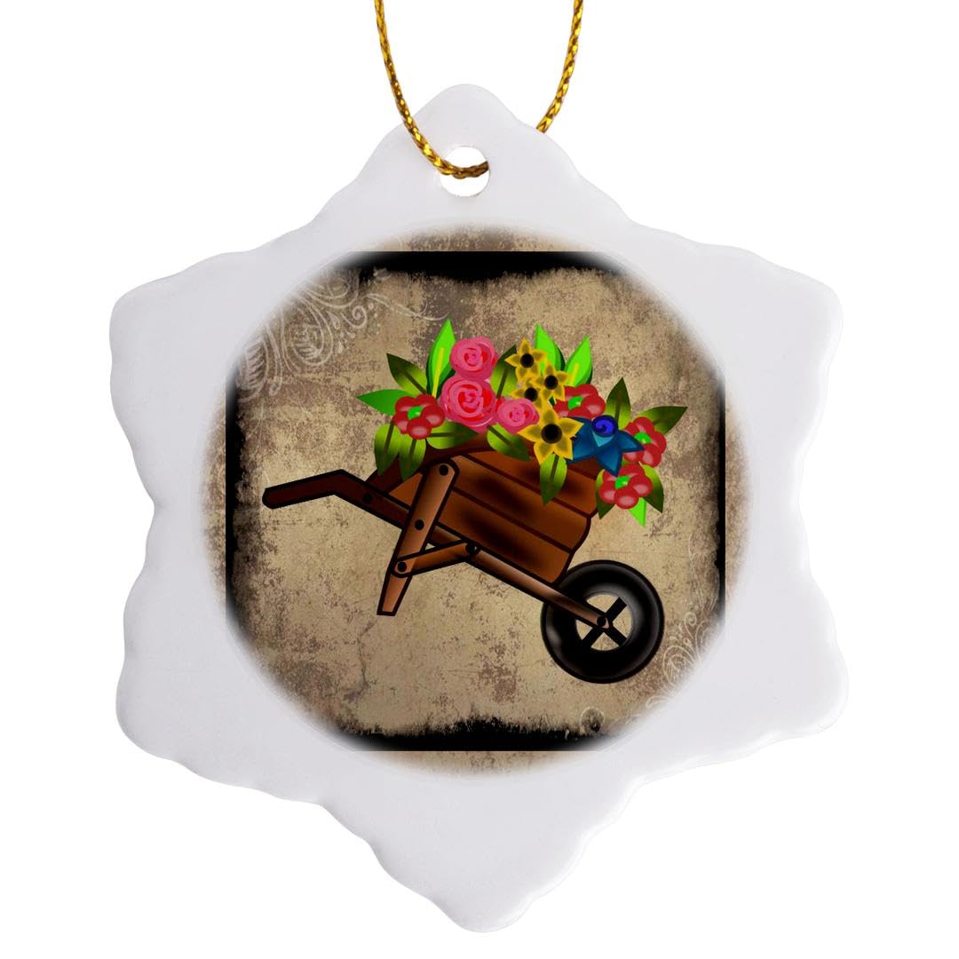 3dRose orn_14864_1 Flowers in Wheelbarrow Porcelain Snowflake Ornament, 3-Inch