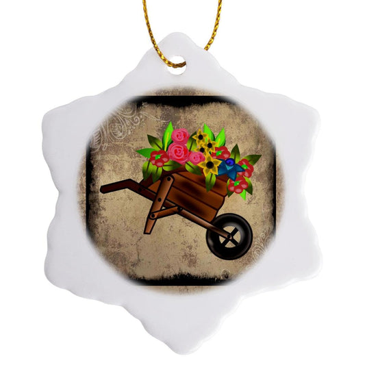3dRose orn_14864_1 Flowers in Wheelbarrow Porcelain Snowflake Ornament, 3-Inch